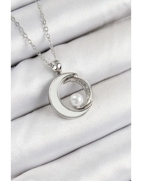 316L Çelik Zirkon Taşlı İnci Detaylı Hilal Model Gümüş Renk Kadın Kolye
