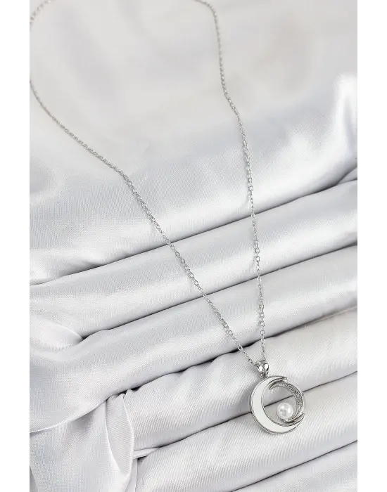 316L Çelik Zirkon Taşlı İnci Detaylı Hilal Model Gümüş Renk Kadın Kolye