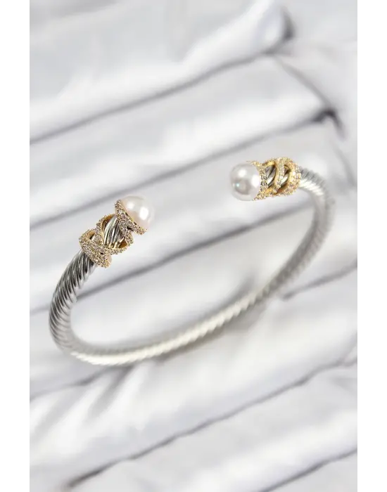 316L Çelik Zirkon Taşlı İnci Model Gold Ve Gümüş Renk Kadın Bileklik