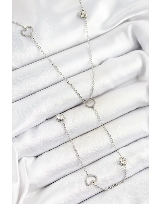 316L Çelik Zirkon Taşlı Kalp Figürlü Y Model Gümüş Renk Kadın Kolye