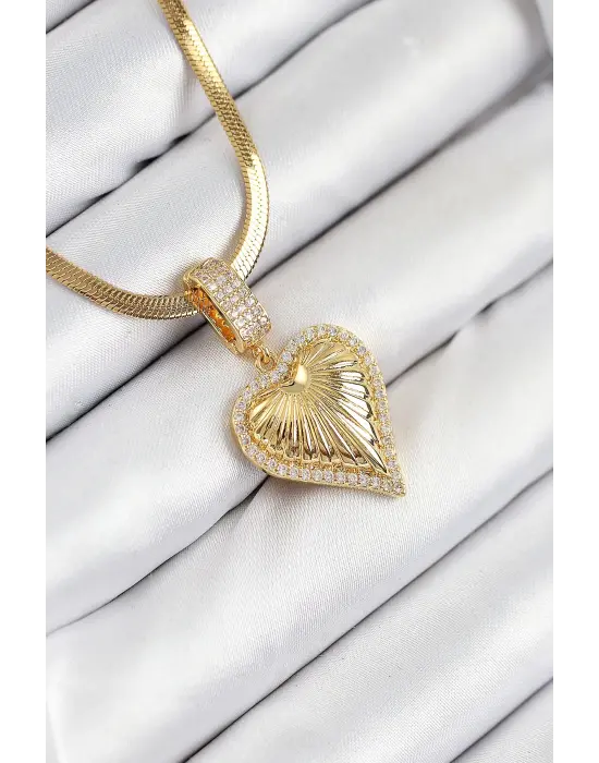 316L Çelik Zirkon Taşlı Kalp Model Gold Renk Kadın Kolye