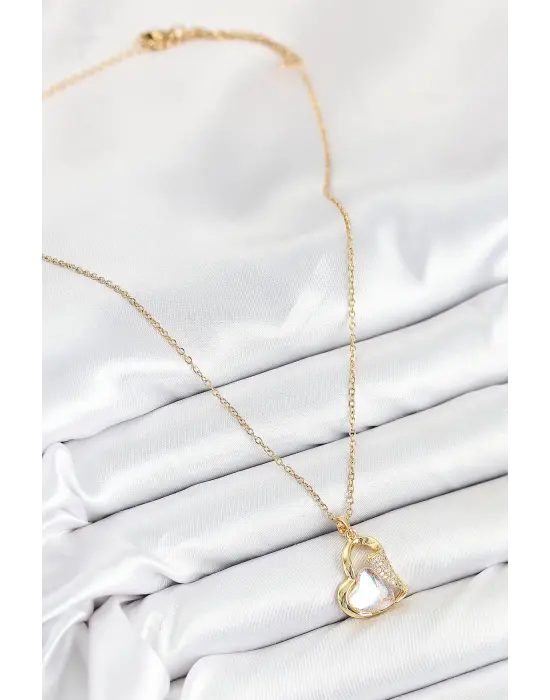 316L Çelik Zirkon Taşlı Kalp Model Gold Renk Kadın Kolye