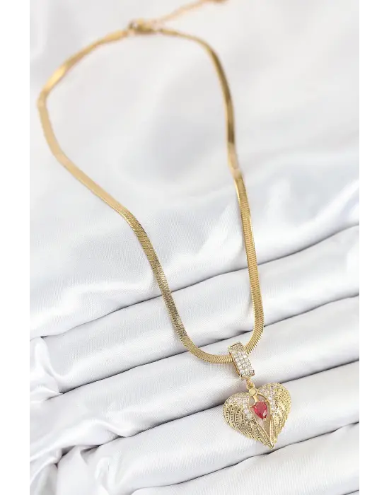316L Çelik Zirkon Taşlı Kanatlı Kalp Model Gold Renk Kadın Kolye