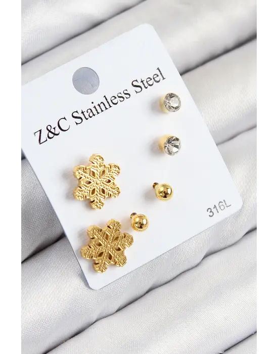 316L Çelik Zirkon Taşlı Kar Tanesi Model Gold Renk Kadın Set Küpe