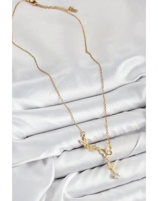 316L Çelik Zirkon Taşlı Kelebek Model Gold Renk Kadın Kolye
