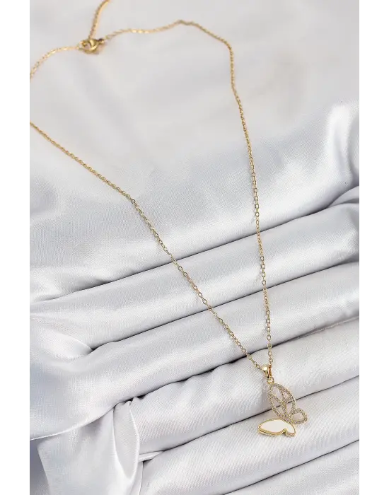 316L Çelik Zirkon Taşlı Kelebek Model Gold Renk Kadın Kolye