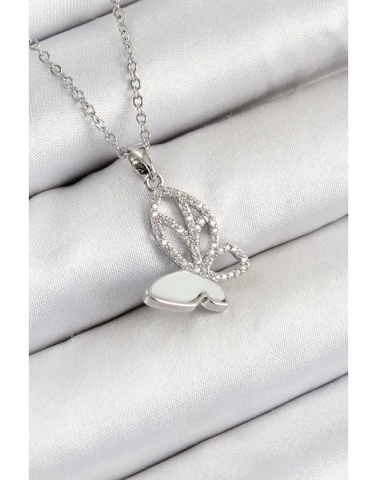 316L Çelik Zirkon Taşlı Kelebek Model Gümüş Renk Kadın Kolye