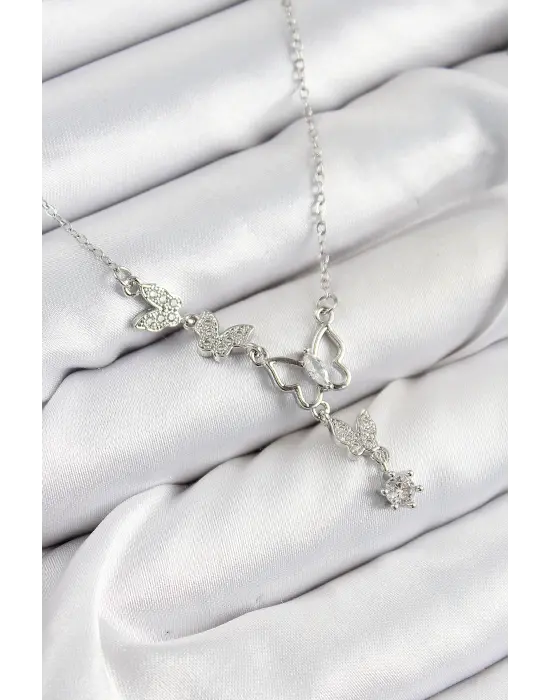 316L Çelik Zirkon Taşlı Kelebek Model Gümüş Renk Kadın Kolye