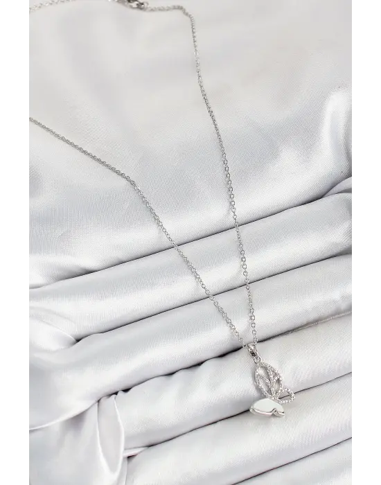 316L Çelik Zirkon Taşlı Kelebek Model Gümüş Renk Kadın Kolye