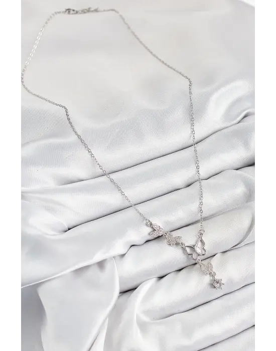 316L Çelik Zirkon Taşlı Kelebek Model Gümüş Renk Kadın Kolye