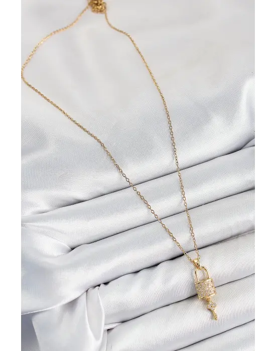 316L Çelik Zirkon Taşlı Kilit Ve Sallantılı Anahtar Model Gold Renk Kadın Kolye