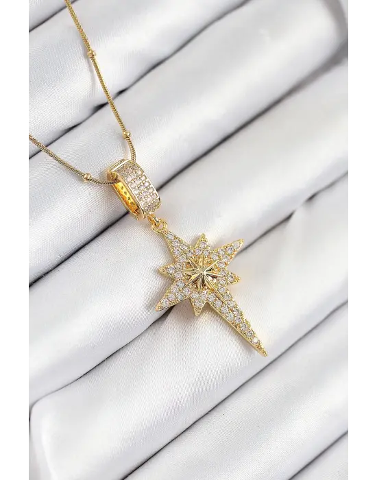 316L Çelik Zirkon Taşlı Kutup Yıldızı Model Gold Renk Kadın Kolye