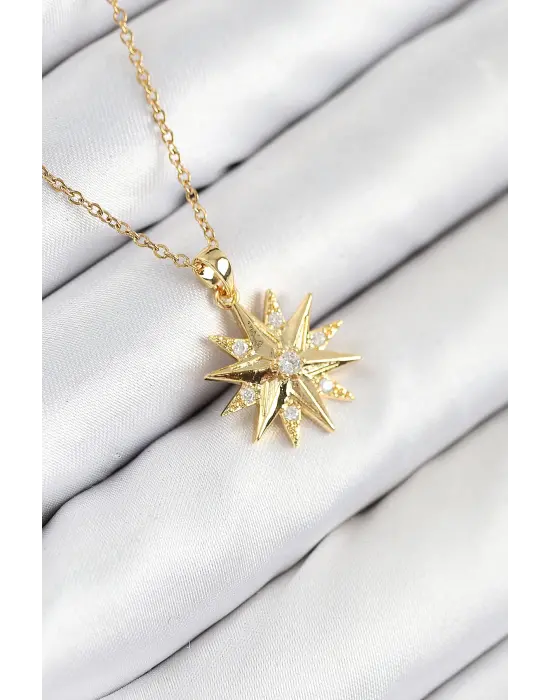 316L Çelik Zirkon Taşlı Kutup Yıldızı Model Gold Renk Kadın Kolye