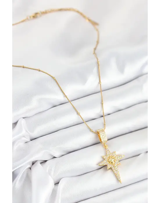 316L Çelik Zirkon Taşlı Kutup Yıldızı Model Gold Renk Kadın Kolye