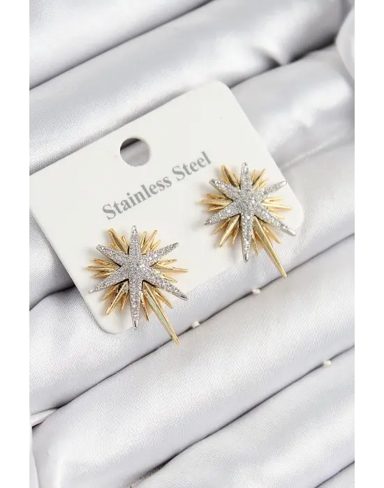 316L Çelik Zirkon Taşlı Kutup Yıldızı Model Gold Ve Gümüş Renk Kadın Küpe