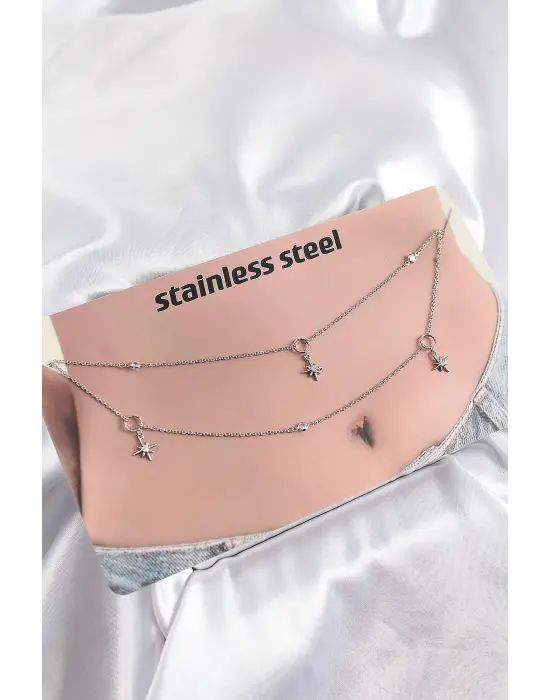 316L Çelik Zirkon Taşlı Kutup Yıldızı Model Gümüş Renk Göbek Zinciri