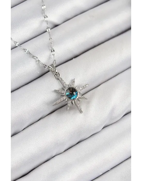 316L Çelik Zirkon Taşlı Kutup Yıldızı Model Gümüş Renk Kadın Kolye