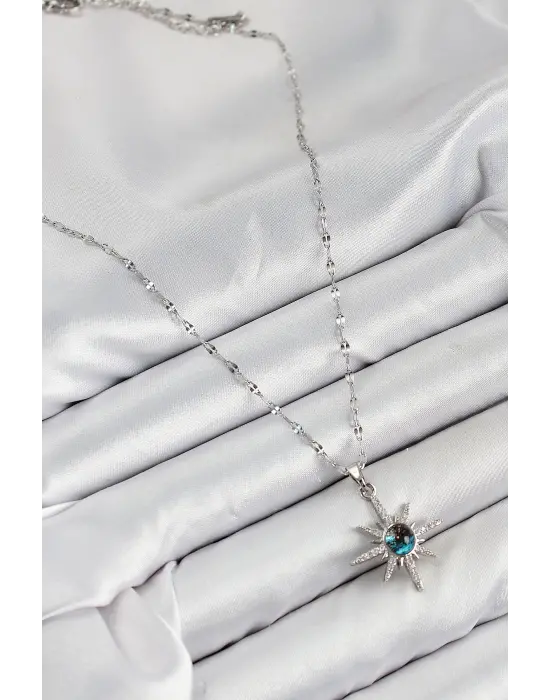 316L Çelik Zirkon Taşlı Kutup Yıldızı Model Gümüş Renk Kadın Kolye