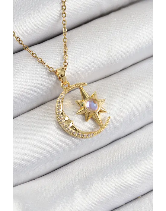 316L Çelik Zirkon Taşlı Kutup Yıldızlı Hilal Model Gold Renk Kadın Kolye