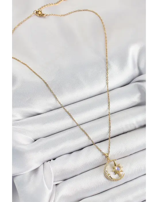 316L Çelik Zirkon Taşlı Kutup Yıldızlı Hilal Model Gold Renk Kadın Kolye