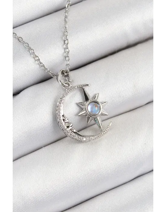 316L Çelik Zirkon Taşlı Kutup Yıldızlı Hilal Model Gümüş Renk Kadın Kolye