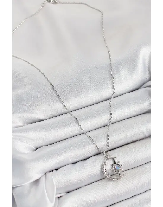 316L Çelik Zirkon Taşlı Kutup Yıldızlı Hilal Model Gümüş Renk Kadın Kolye