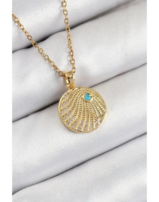 316L Çelik Zirkon Taşlı Madalyon Model Gold Renk Kadın Kolye