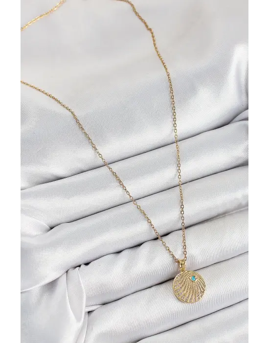 316L Çelik Zirkon Taşlı Madalyon Model Gold Renk Kadın Kolye