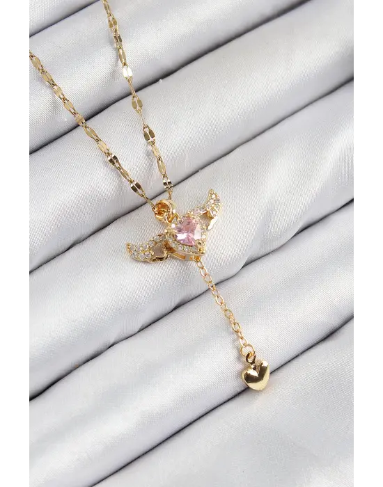 316L Çelik Zirkon Taşlı Melek Kanadı Detaylı Kalp Model Gold Renk Kadın Kolye