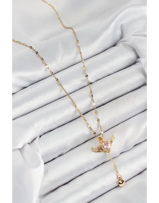 316L Çelik Zirkon Taşlı Melek Kanadı Detaylı Kalp Model Gold Renk Kadın Kolye