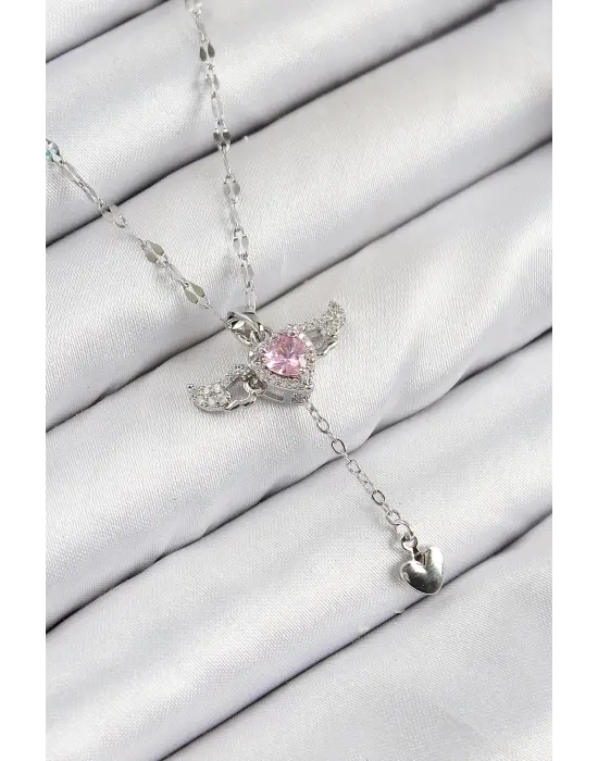 316L Çelik Zirkon Taşlı Melek Kanadı Detaylı Kalp Model Gümüş Renk Kadın Kolye