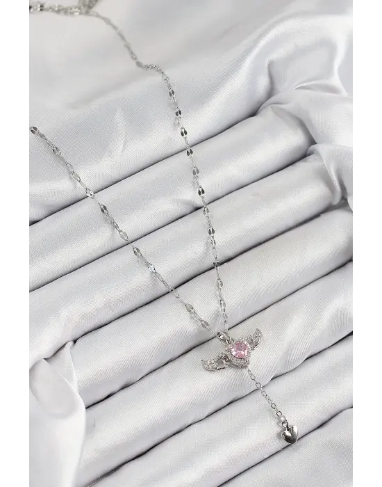 316L Çelik Zirkon Taşlı Melek Kanadı Detaylı Kalp Model Gümüş Renk Kadın Kolye