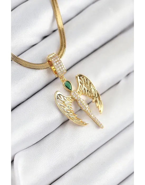 316L Çelik Zirkon Taşlı Melek Model Gold Renk Kadın Kolye
