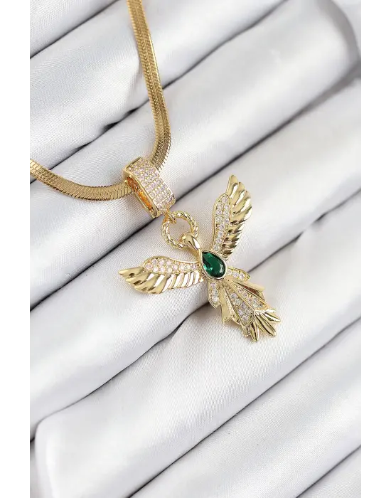 316L Çelik Zirkon Taşlı Melek Model Gold Renk Kadın Kolye