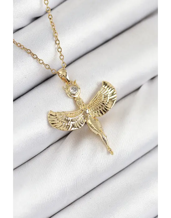 316L Çelik Zirkon Taşlı Melek Model Gold Renk Kadın Kolye