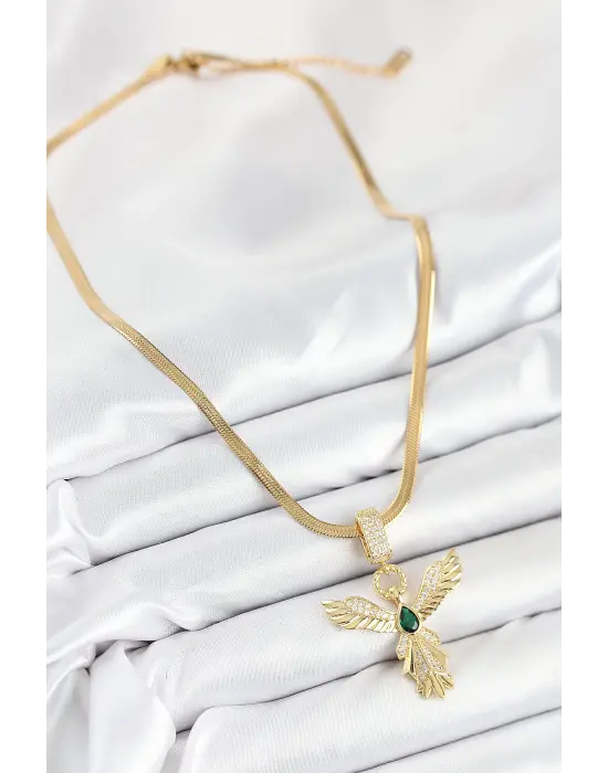 316L Çelik Zirkon Taşlı Melek Model Gold Renk Kadın Kolye