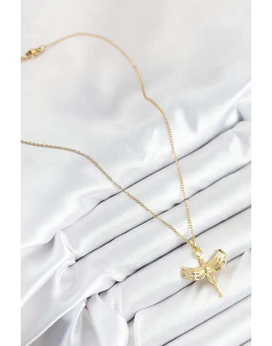 316L Çelik Zirkon Taşlı Melek Model Gold Renk Kadın Kolye