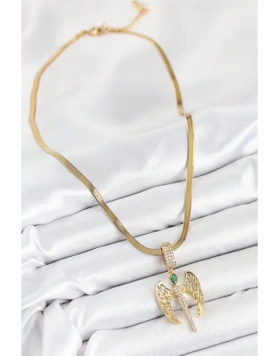 316L Çelik Zirkon Taşlı Melek Model Gold Renk Kadın Kolye