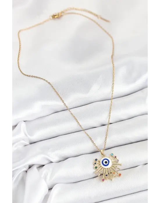 316L Çelik Zirkon Taşlı Nazar Model Gold Renk Kadın Kolye