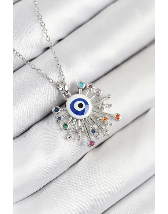 316L Çelik Zirkon Taşlı Nazar Model Gümüş Renk Kadın Kolye