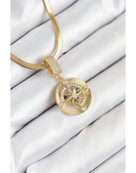 316L Çelik Zirkon Taşlı Pusula Model Gold Renk Kadın Kolye