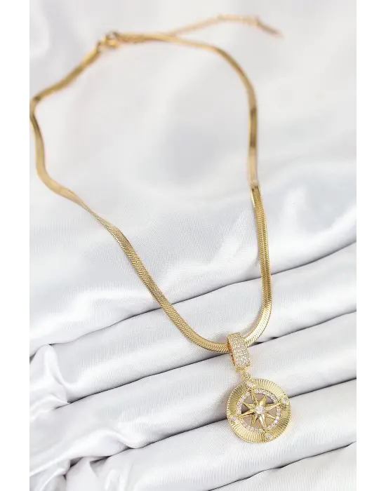 316L Çelik Zirkon Taşlı Pusula Model Gold Renk Kadın Kolye