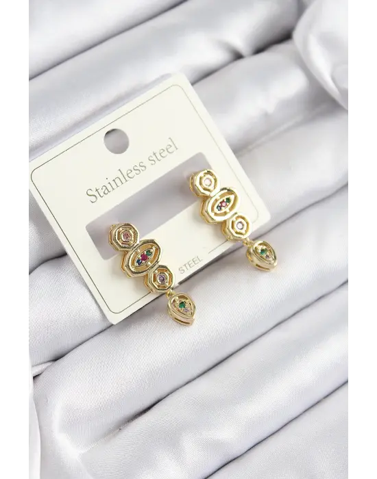 316L Çelik Zirkon Taşlı Sallantılı Geometrik Model Gold Renk Kadın Küpe