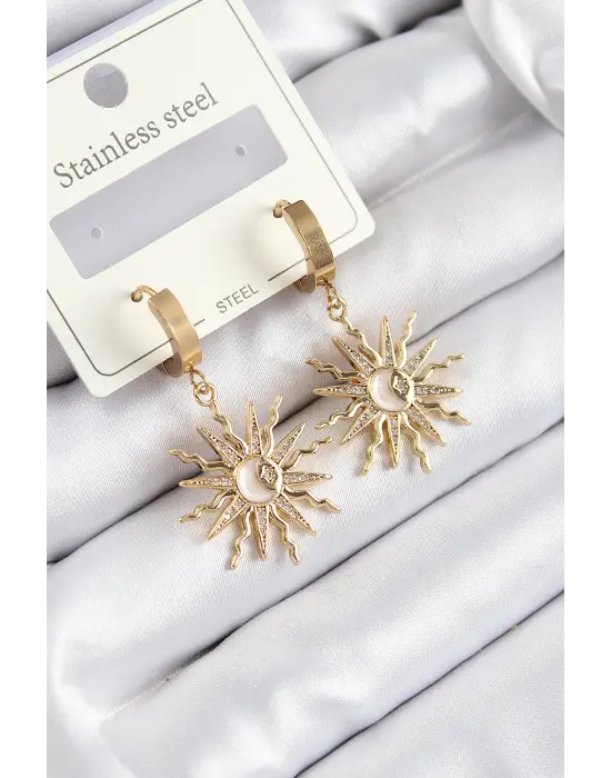 316L Çelik Zirkon Taşlı Sallantılı Güneş Model Gold Renk Kadın Küpe