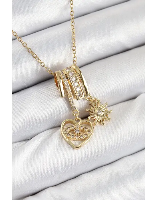316L Çelik Zirkon Taşlı Sallantılı Kalp Ve Güneş Model Gold Renk Kadın Kolye