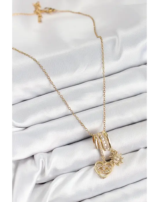 316L Çelik Zirkon Taşlı Sallantılı Kalp Ve Güneş Model Gold Renk Kadın Kolye