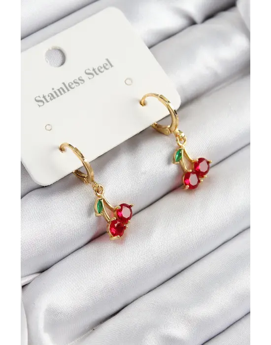 316L Çelik Zirkon Taşlı Sallantılı Kiraz Model Gold Renk Kadın Küpe