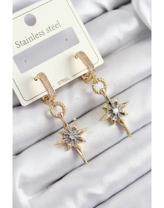 316L Çelik Zirkon Taşlı Sallantılı Kutup Yıldızı Model Gold Ve Gümüş Renk Kadın Küpe