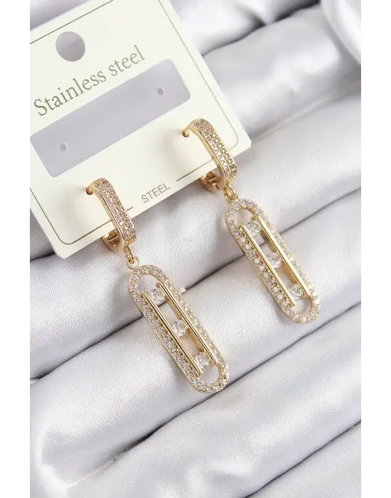 316L Çelik Zirkon Taşlı Sallantılı Messika Model Gold Renk Kadın Küpe