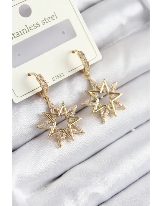 316L Çelik Zirkon Taşlı Sallantılı Yıldız Model Gold Renk Kadın Küpe